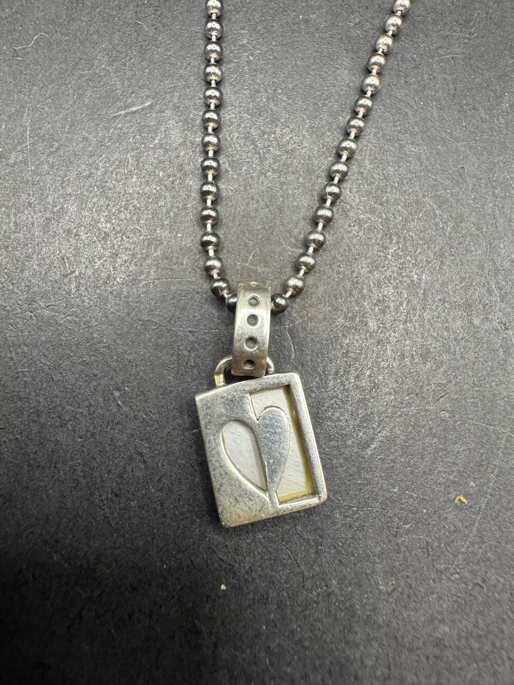 Vtg Sterling Silver 925 and Mother of Pearl Heart Cut Out Pendant Chain Necklace